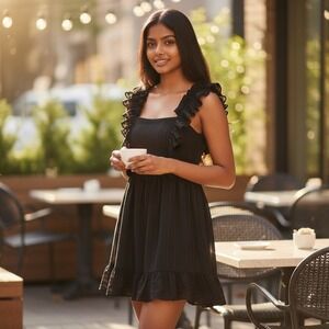 Widow Black Ruffle Mini Dress Small Open Back Jacquard Gothic Romantic Coquette